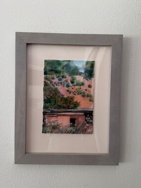 Vintage Framed Landscape Art in Pink, Green, Blue, Gray